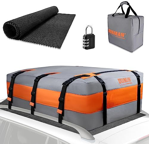 Rooftop Cargo Carrier, 23 Cubic Feet Waterproof Soft-Shell Car Roof Luggage Bag for All Vehicles SUV with/Without Rails - Includes 10 Reinforced Straps + 6 Door Hooks, Storage Bag, Anti-Slip Mat,Lock