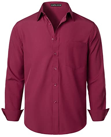 PARKLEES Chemise habillée à manches longues pour homme - Coupe classique - Sans plis - Style décontracté - Avec poche, bordeaux, S