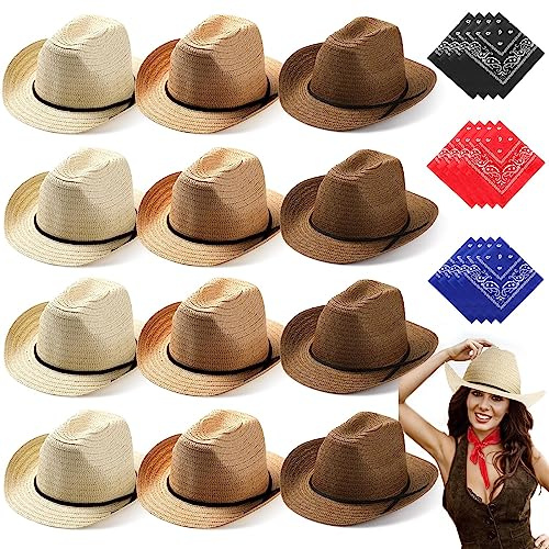 SATINIOR Cowboyhüte und Bandanas aus Stroh, 12 Stück, Cowboy-Partyhut, Kostüm mit Kopftuch