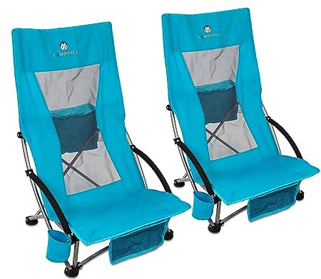 CAMPHILL Faltbarer tragbarer Strandstuhl, hohe Rückenlehne, leichte Strandstühle für mit Getränkehalter & Kühltasche, Strandzelt & Unterschlupf & Camping, 2 Stück
