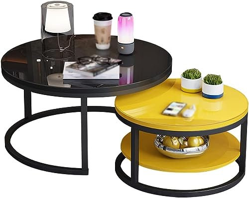 CATANK Table Basse gigogne, Ensemble de 2 Plateaux en Verre trempé et Plateau en Acier Robuste avec étagère de Rangement Ouverte pour Le Salon, Le Balcon et Le Jardin (Couleur : E)