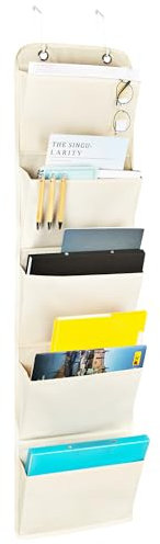 Niboken Hängeorganizer über der Tür Wandhalterung Organizer Zeitschriften Wandhalter mit Stoff Klappbar Aufbewahrungsfächern für Datei Büro Zuhause Schule (5 Taschen/ Weiß)