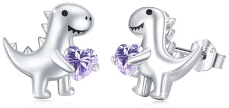 Dinosaurier Ohrringe Mädchen 925 Sterling Silber Dinosaurier Ohrstecker mit Helles Lila Herz Zirkonia Ohrringe Tier Ohrringe Schmuck Geschenke Hypoallergen für Frauen Kinder Tochter Weihnachts