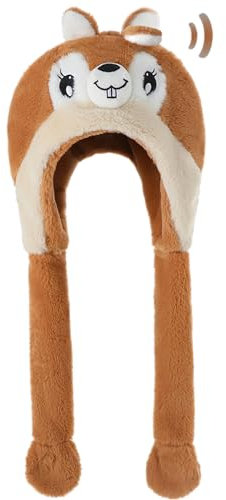 Kidukso Lustiges Eichhörnchen Beweglicher Ohrhut Weicher Plüsch-Tierhut mit Ohren Bewegliche Sprungkappe Frauen Männer, Braun