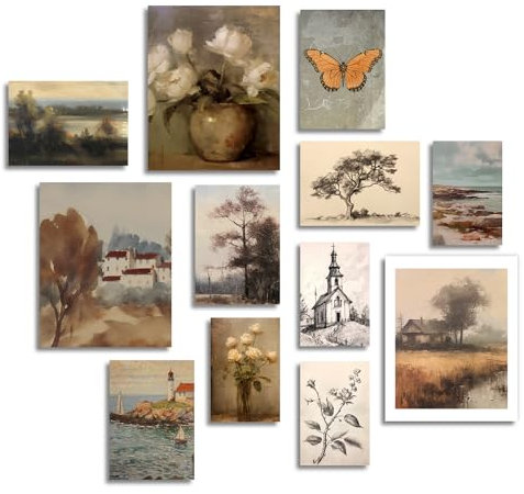 Dazzlewall Vintage Rustikale Wandbilder Französisches Land Blumen Baum Schmetterling Leinwand Bilder für Bauernhaus Schlafzimmer Wohnzimmer Deko 12er Set Ohne Rahmen