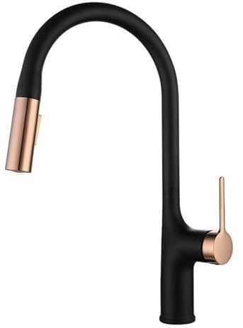 ZPSPZ Kitchen Faucet with Pull Out Spray - Brass, Bi-color (Black + Rose Gold), Contemporary Style - Single Hole Deck Mount - Ceramic Valve - 360-degree Swivel Pull Out Sprayer