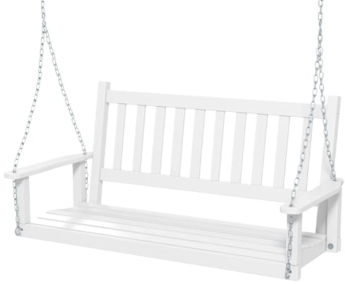 RELAX4LIFE 2/3 Seater Porch Swing Chair, Outdoor Swing Bench Loveseat with Adjustable Galvanized Metal Chains, Solid Wood Garden Patio Hanging Swing Seat for Balcony Yard Tree (White, 136 x 66 x 63cm)