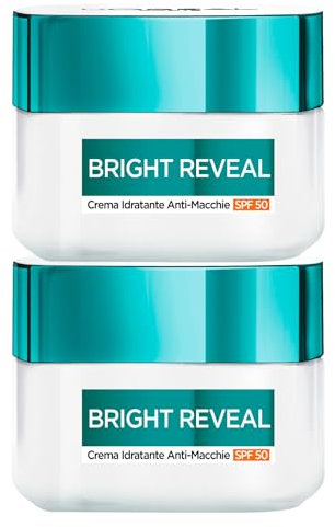L'Oréal Paris Bright Reveal Feuchtigkeitsspendende Anti-Flecken-Gesichtscreme mit Sonnenschutz, LSF 50, gleichmäßiger Aufheller, glättende Formel mit UV-Filter und Niacinamid, 2 Dosen à 50 ml