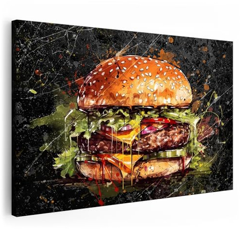 Artmazing | Burger Gemälde Bild bunt | S-Art Bilder | Burger Gemälde Bilder Modern | Leinwandbilder XXL Wohnzimmer | Wandbild Burger Gemälde Deko XXL | Bild Leinwand XXL | buntes Poster für Wand