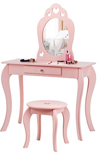 DREAMADE Schminktisch Kinder mit Hocker und Abnehmbarer Spiegel, Prinzessin Frisiertisch aus Holz mit Antikipp-Schutz, Kinderschminktisch für Kinder Mädchen (Rosa)