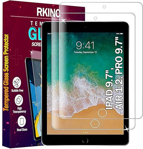 RKINC Pellicola Prottetiva [2 Pezzi] per iPad 9,7 Pollici (2018/2017 Modell, 6./5.Gen), iPad Air 1/2, iPad Pro 9,7 Pollici, Vetro Temperato salvaschermo Durezza 9H, 0,33mm Trasparente [antigraffio]