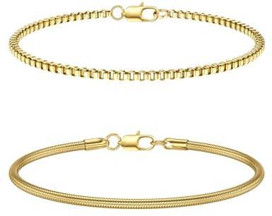 CASSIECA 2Pcs Bracciale Uomo Bracciali Uomo Bracciale Acciaio Uomo Braccialetti Uomo Oro a Catena Impilabile per Uomo Bracciale Scatola Serpente 19CM Regali Gioielli per Uomo