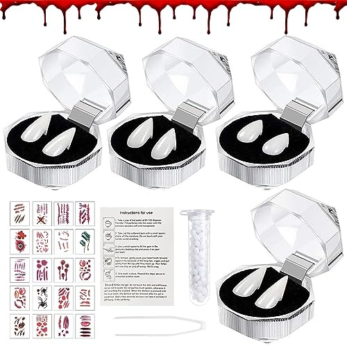 Denti Vampiro, 4 Coppie Denti da Vampiro, 4 Misure Vampiro per Halloween, Vampire Teeth con Colla Granulata Dentata, Canini da Vampiro, Dentiera Vampiro per Halloween Cosplay per Bambini e Adulti