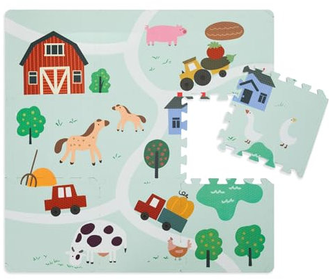 Fillikid Puzzlematte Bauernhof 9 teilig 93x93 cm Exklusiv | 9 teilige Bodenschutzmatte mit Tieren abwaschbar | Kinderspielteppich Spielmatte ab Geburt | Spielteppich Outdoor für Baby & Kinder