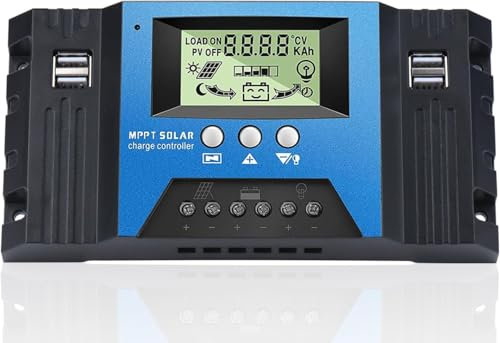 VIXKPIRR MPPT 60A Controlador de Carga Solar 12V 24V Automático, Regulador de Carga Solar 60A con 4 puertos USB Sensor Temperatura y Pantalla LCD para apto 12V 24V plomo ácido y litio Baterías
