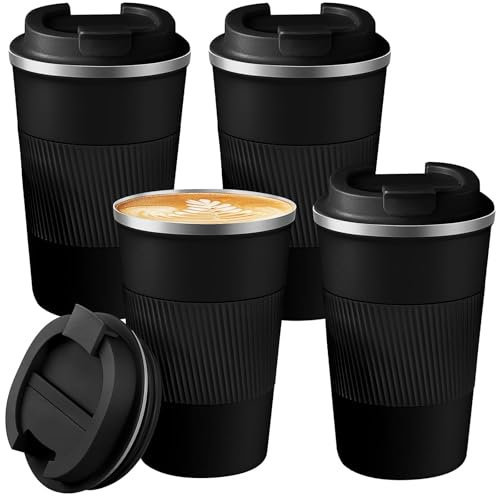 ASMIZ 4 Pack Travel Coffee Cups, 380ml Reusable Stainless Steel Travel Mugs Bulk, Thermal Insulated Vacuum Double Wall Coffee Tumbler for Hot Coffee Tea and Cold Drinks