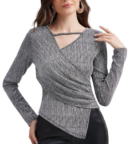 MISS MOLY Damen Pailletten Oberteil Langarmshirt V-Ausschnitt Festliche Glitzer Tops Party Clubwear Bluse