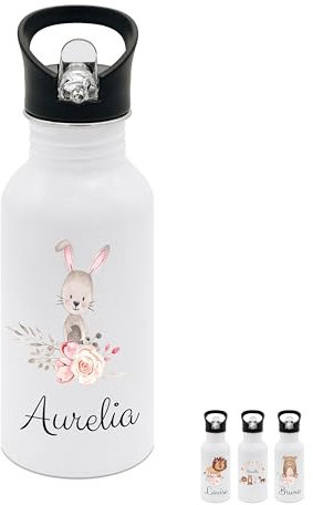 wunderwunsch® - Personalisierte Trinkflasche Kinder Edelstahl [ 500ml ] - Robuste Trinkflasche mit Namen - Wasserflasche mit Trinkhalm - Personalisierte Geschenke für Kinder (Hase Blumen)