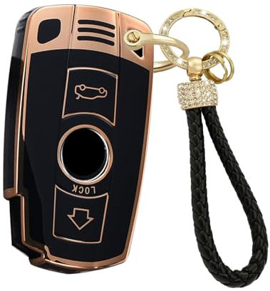 KUNIO Keyless Schlüsselhülle Passt für BMW 1er 3er 5er 6er 7er E90 E60 E70 E87 M3 M5 X1 X5 X6 Z4 E71 E72 E88 E89 E91 E92 Schutz TPU Cover Bling Schlüsselanhänger A Schwarz