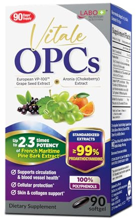 LABO Nutrition Vitale OPCs Premium European Grape Seed Extract with Aronia, Citrus Bioflavonoids, Supports Circulation, Skin Health and Cellular Protection, 100% Polyphenols, 90 Softgels