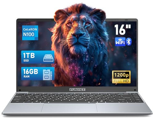 FUNYET portatile da 16 pollici, notebook Win11,processore N100, 16GB RAM 1TB SSD, 1920 x 1200 FHD laptop,sblocco con impronte digitali, tastiera con retroilluminazione computer, batteria da 46,2 WHr