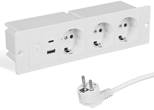 Btstil Enchufe empotrado de mesa, 3 enchufes empotrables con USB A C, enchufe de mesa, enchufe múltiple para mesa, encimera, oficina, cocina (con tipo C y USB A e interruptor)