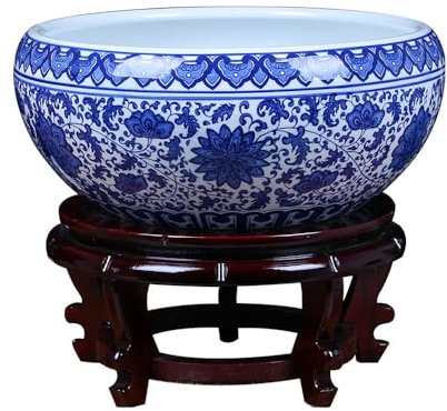 WDSOPK Blau-weißer Blumentopf aus Porzellan mit Sockel, Porzellan-Pflanztopf, Chinoiserie-Pflanztopf, dekorativer Blumentopf, weißes Dekor, Hydrokultur-Pflanztopf, runder Blumen,31 * 14cm