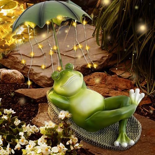 Vmxlso Deko Frosch für Draußen, Solar Frosch Gartendeko, Frosch Deko Garten mit Wasserdicht Lichterketten Regenschirm, Lustige Frosch Statue, Frosch Figur, Tier Garten Statue für Terrasse Rasen Teiche