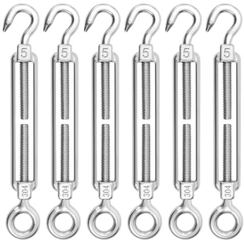 Spannschloss Seilspanner 6 Stück M5 Edelstahl Verstellbare Haken und Öse Stahlseil Drahtseil Wantenspanner für Sonnensegel, Seil, Gartendraht, oder Wäscheleine zu spannen Heavy Duty