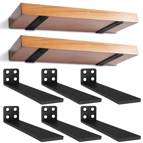 Lot de 6 Supports d'étagère Flottants - 20cm Supports d'étagère Murale en Métal Invisibles, Supports Muraux Cachés, Supports Muraux en Métal Robuste pour étagère de Stockage, Bibliothèque (Noir)