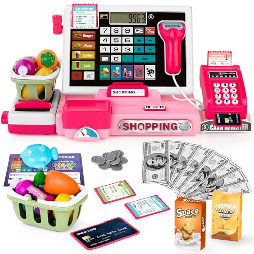 2025 Cassa Giocattolo per Bambini, Supermercato con Microfono/Scanner/Scontrino/Soldi Finti/Pos/Carte di Credito/Giochi Alimentari e Calcolatrici Reali, Rosa