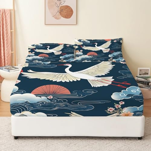 Bedrucktes Spannbettlaken Für Bettwäsche Orient Vögel Kirschblüten Mädchen Bettlaken 90 X 200 cm Tiefe Tasche 30 cm Dunkelblau Rot Mit 2 Kissenbezügen Pflegeleicht