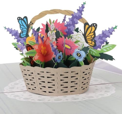 Pop-Up Karte Schmetterlinge auf Blumen, Pop-Up Karte Blumenkorb, 3D Muttertagskarte, Glückwunschkarte zu Muttertag, Danke Mama Karte, Popup Glückwunschkarte zum Geburtstag (Farbe)