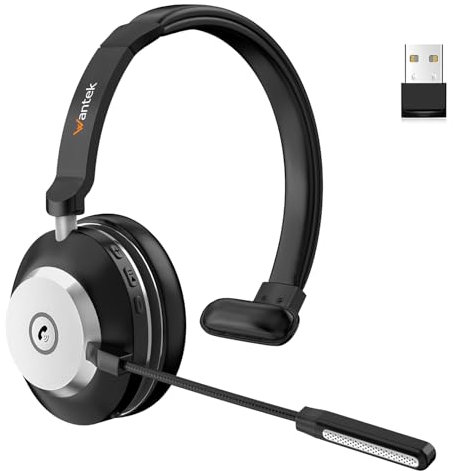 Wantek Wireless Headset with Mic - USB & Bluetooth AI Noise Cancelling Mute Button 50-Hour Battery Life Working Time On-Ear Headset Adjustable Microphone for Home/Office/Car