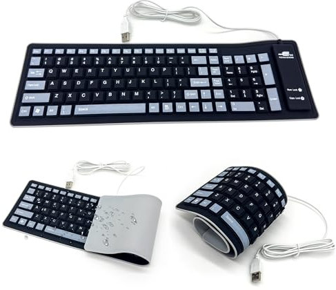 Techson Foldable Silicone Keyboard, Waterproof, Dustproof, USB Wired, Silent Typing, Soft Roll-up Design, UK Layout, Compatible with PC, Laptop (103 Keys, Black+Grey)