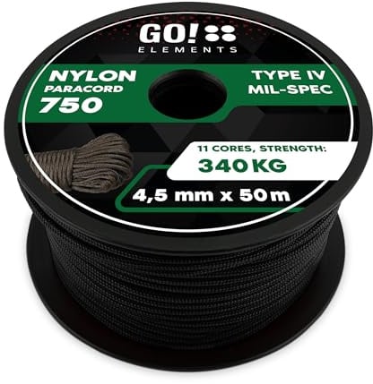 GO!elements Paracord 750 Tipo IV | Corda in Nylon 100% Resistente e Estremamente Stabile | ø 4,5 mm - 11 Nuclei - Max. 340 kg | Corda Multifunzionale e reepsnoer per Sopravvivenza, Campeggio