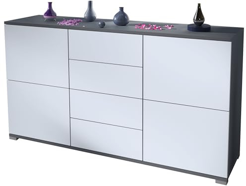 Vladon Sideboard Rova V1, Kommode mit 4 Türen und 4 Schubladen, Anthrazit matt/Weiß matt (138,5 x 75,5 x 35)