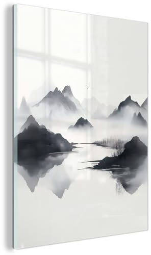 MuchoWow© Glasbilder Deko Schlafzimmer Aesthetic Wohnzimmer Glas Gemälde | 60x80 cm - Foto Geschenk Living Room Decoration Berge - Nebelig - Wasser - Weiß