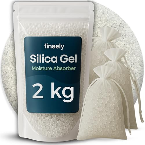 Fineely® Silica Gel Entfeuchter 2kg I White 3-5mm Granulat ohne Indikator | Wiederverwendbar & lebensmittelecht | GRATIS 6 Organza Beutel 10×15cm | Trockenmittel für Keller, Schrank, Filament