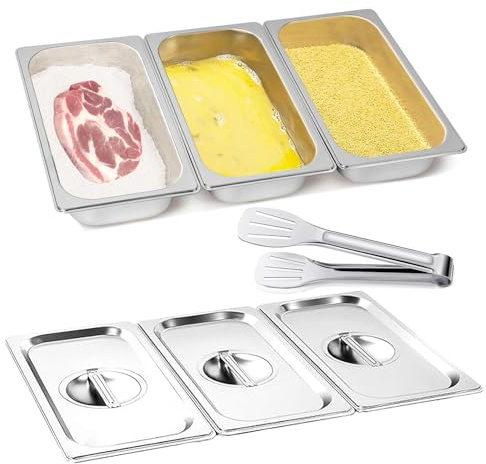 Kongming Panierschalen Set 3-teilig Edelstahl GN 1/3 Behälter mit Deckel & Küchenzange Rechteckige Stapelbare Gastro Behälter für Koteletts, Schnitzel, Fleisch, Fisch (32.5 x 17.5 x 6.5 cm)