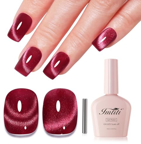 Imtiti Cat Eye Gel Nail Polish, Red Holographic Magnetic Crystal Nail Gel Polish With Magnet Glittery Galaxy Autumn Winter Kit Soak Off LED UV 10ml