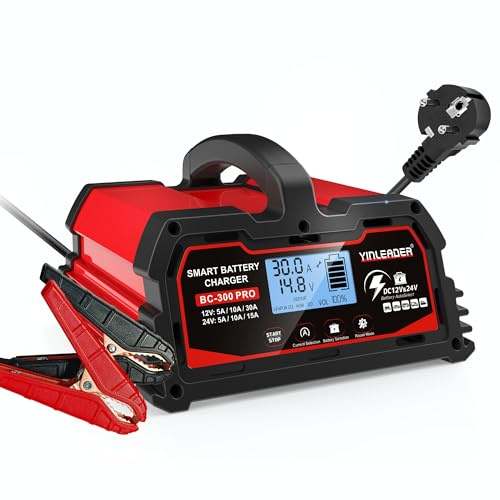 Yinleader Chargeur de Batterie de Voiture 30A 12V/24V Chargeur Intelligent avec Écran LCD mainteneur de Batterie pour AGM, Moto, 12V LiFePO4