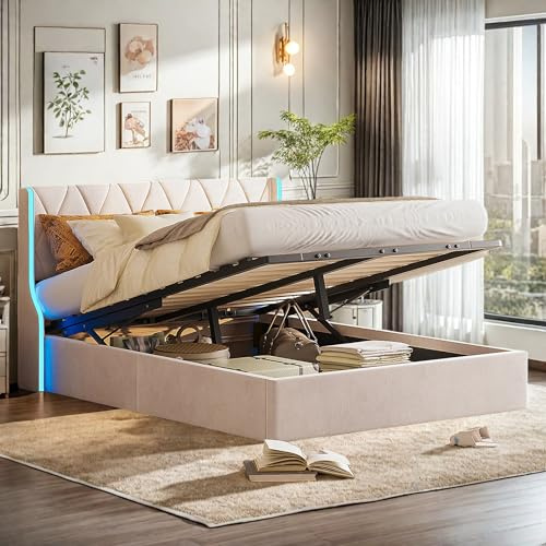 OLIVIBED Bett 140x200 cm mit Bettkasten, Hydraulisches Polsterbett mit Kopfteil und Lattenrost, Jugendbett mit Stauraum, Doppelbett aus Holz für Jugendliche, Erwachsene, Samt, Beige