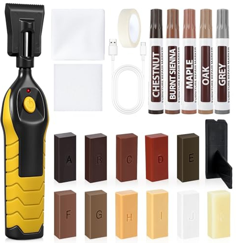 Fizzyo Laminat Reparaturset, Holz Parkett Reparaturset Vinylboden Reparaturset mit Heizstift, 11 Farben Hartwachs 5 Marker Vinyl Holzkitt für Möbeln Holzböden Repariert Kratzer, Risse, Löcher, Dellen