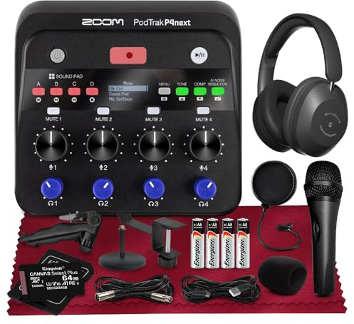 Zoom PodTrak P4next Podcast-Recorder, tragbare Multitrack-Audioaufnahme mit 4 Mikrofoneingängen, inklusive Handmikrofon, Kopfhörer, Mikrofonständer, Schwanenhalsmikrofon-Pop-Filter für Interviews