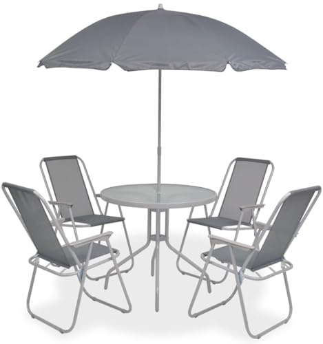 Bucmath 6-TLG. Garten-Essgruppe, pulverbeschichteter Stahl & Textilene Grau, Ø80cm Glastisch, 4 Stapelstühle, Sonnenschirm, Outdoor Patio Möbel Set