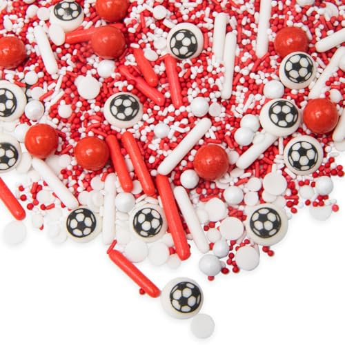 Happy Sprinkles FOOTBALL CHAMPION -Fußball Streusel Torten Deko Rot - 90g | Fußball Streusel Mix mit Schoko-Perlen für Torten, Cupcakes & Muffins, für Fußballpartys & Kindergeburtstage, 11 Friends