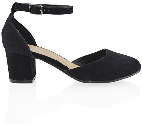 NEW WOMENS LOW MID BLOCK HEEL ANKLE STRAP BUCKLKE LADIES SANDALS COURT SHOES Black Faux Suede 6 UK