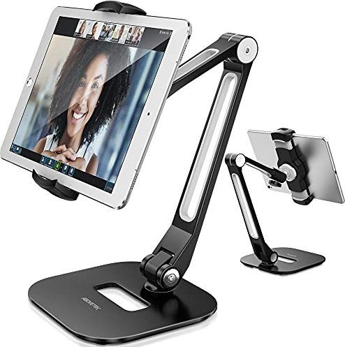 AboveTEK Long Arm Aluminum Tablet Stand, Folding iPad Stand with 360° Swivel iPhone Clamp Mount Holder, Fits 4-11 Display Tablet/Phones for Kitchen Table Office Desk POS Kiosk (11.43-19.05 CM)