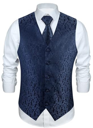 Enlision Gilet Costume bleu marine Homme Mariage Paisley Ensemble de Cravate et Pochette Jacquard Gilets sans Manche pour Fête S